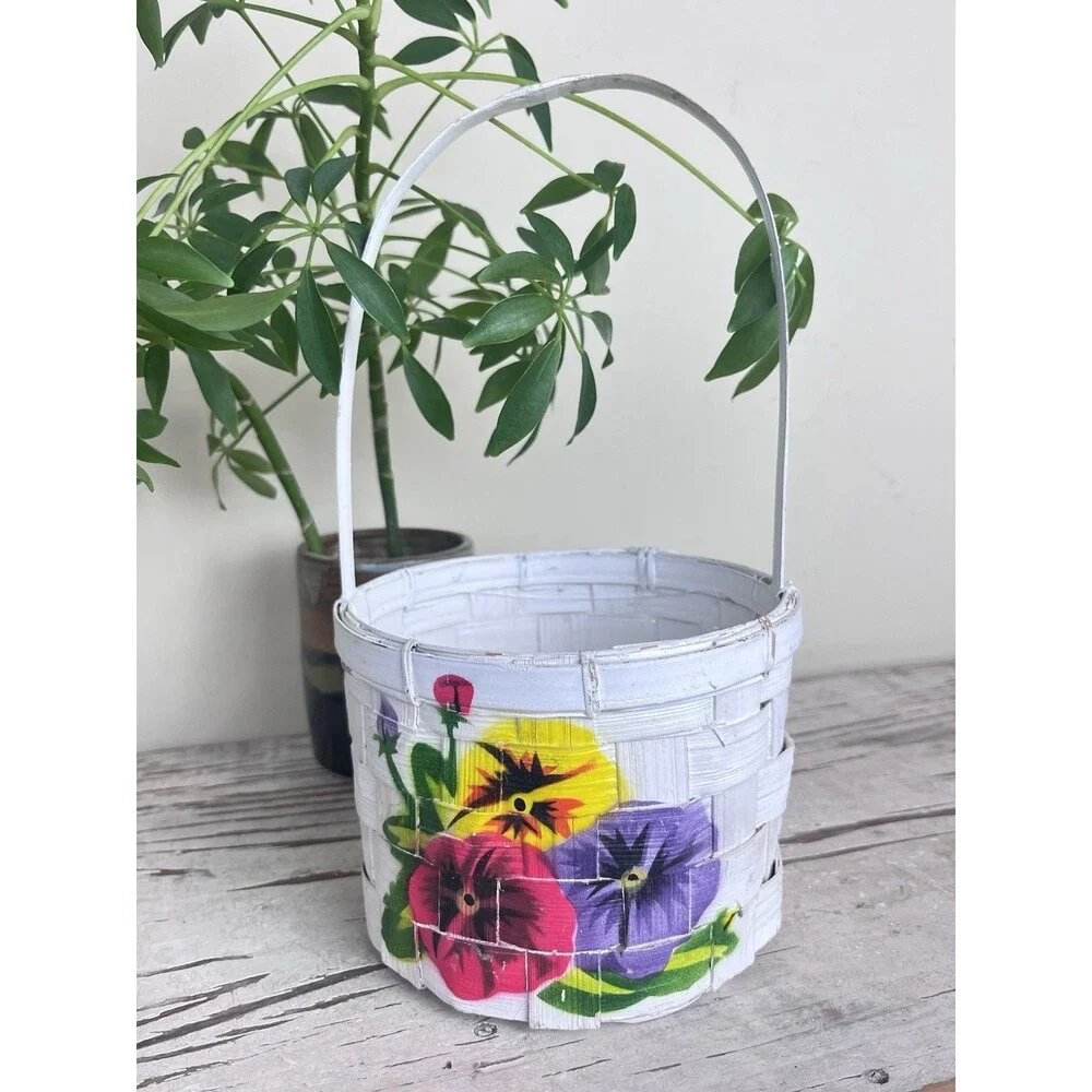 Vintage Hand Painted Flowers Floral Design On White Handled Wicker Basket 10” HK